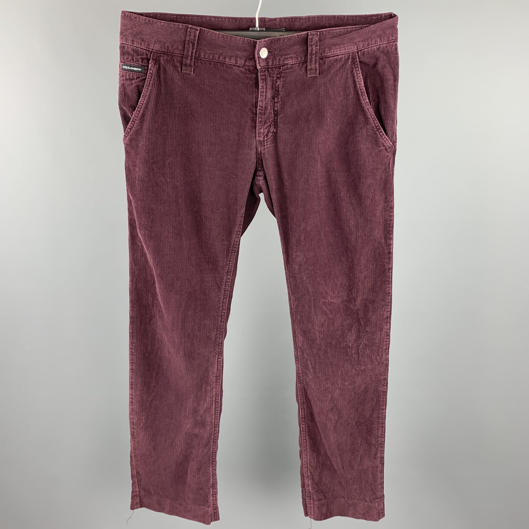 DOLCE &amp; GABBANA Talla 34 Pantalones casuales con bragueta y cremallera de pana texturizada en color morado berenjena