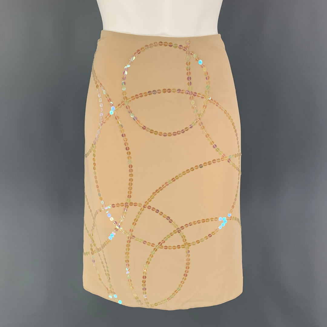 CALVIN KLEIN Size 8 Beige Silk Sequined A-Line Skirt