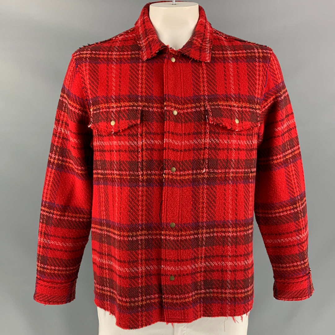 OPENING CEREMONY Size XL Red & Black Plaid Wool Snaps Long Sleeve Shirt Jacket