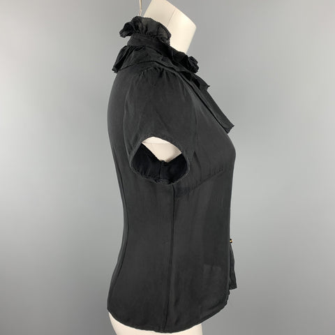 BARNEYS NEW YORK Size 2 Black Silk Ruffle Blouse
