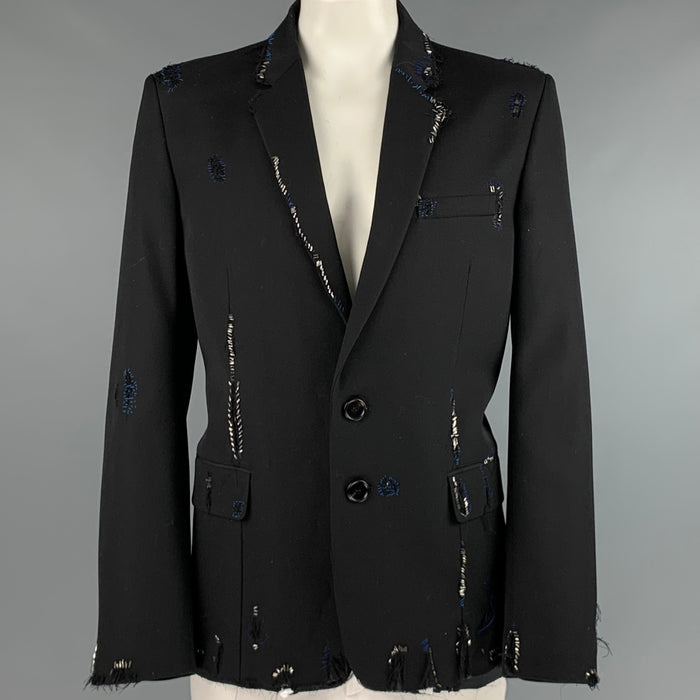 MARNI Size 42 Black Distressed Wool Notch Lapel Sport Coat