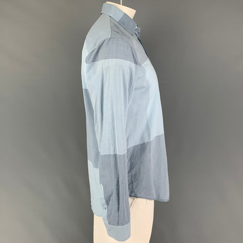 BURBERRY LONDON Size L Light Blue Checkered Cotton Long Sleeve Shirt