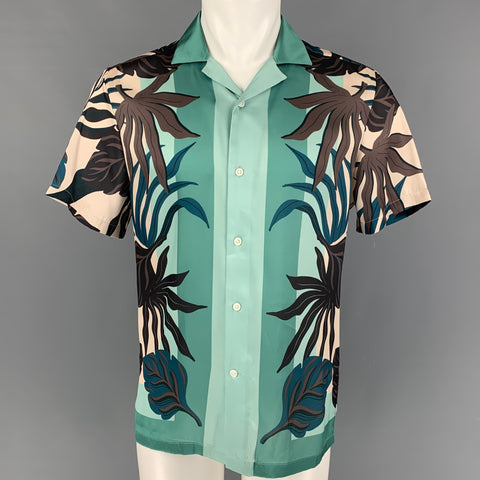 REISS Size M Mint Brown Cream Leaf Print Polyester Short Sleeve Shirt