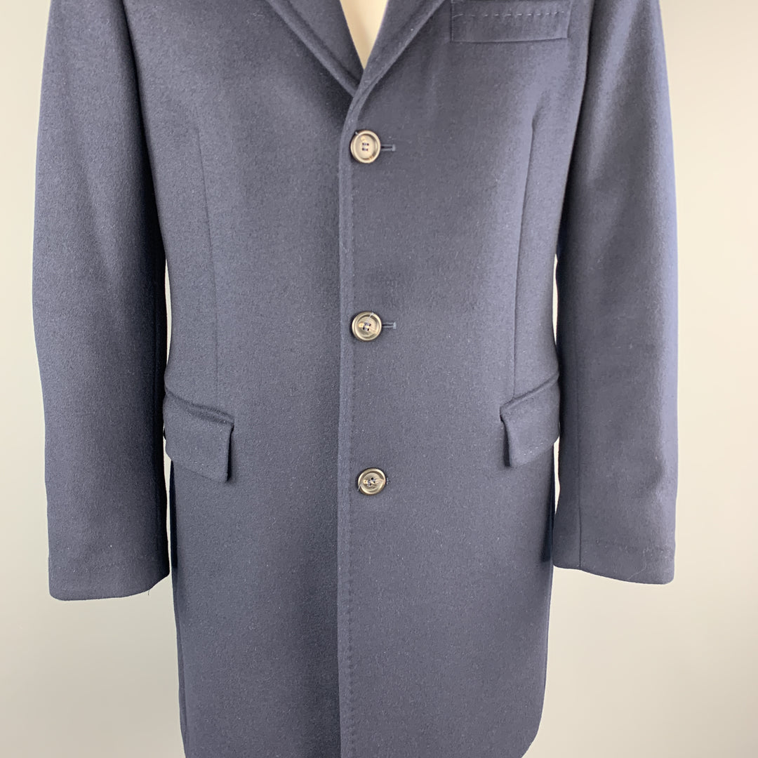 BENETTON Size L Navy Wool Blend Notch Lapel  Long Coat