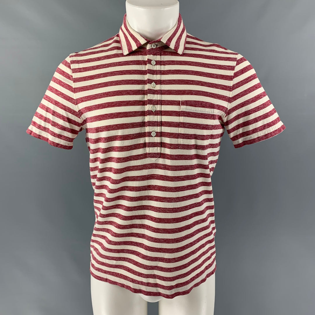 BRUNELLO CUCINELLI Size M Red White Striped Trim Cotton Linen Buttoned Polo