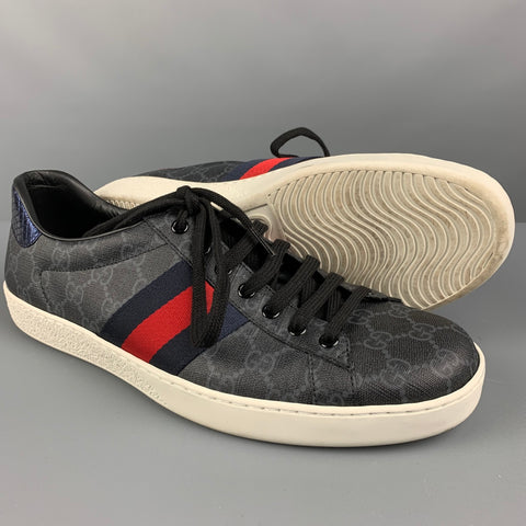 GUCCI Size 11 Black Grey Monogram Leather Lace Up Sneakers