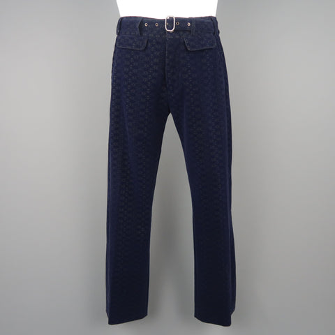 ROBERTO CAVALLI Size US 32 / IT 48  Navy Printed Velvet Belted Dress Pants