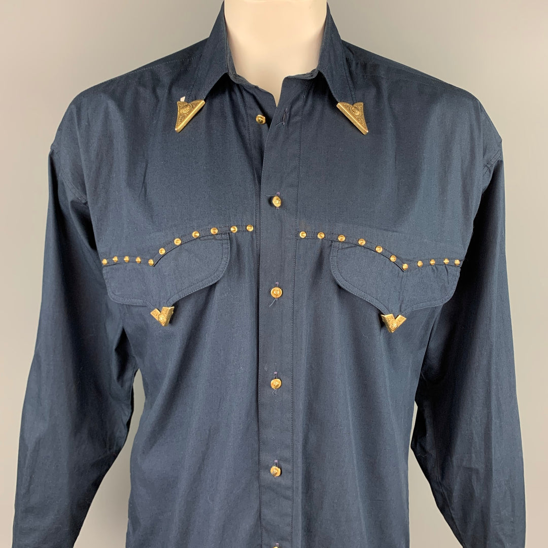 Vintage VERSACE JEANS COUTURE Size M Navy Studded Cotton Cowboy Oversized Long Sleeve Shirt