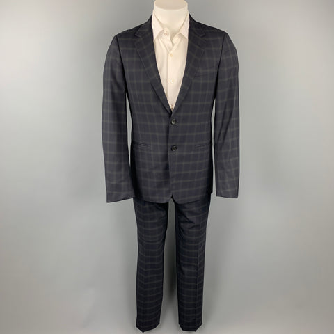 BELVEST Size 38 Regular Navy Window Pane Wool Notch Lapel Suit