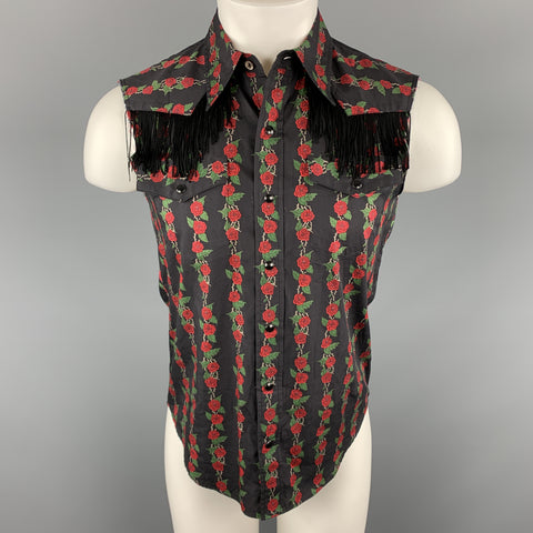 NUMBER (N)INE Taille M Noir &amp; Rouge Floral Coton Fringe Snaps Western Chemise sans manches