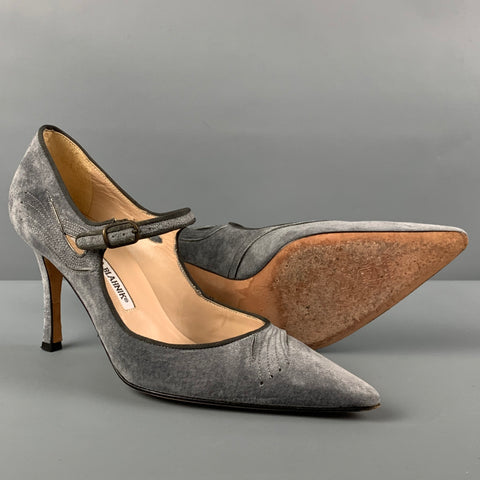 MANOLO BLAHNIK Size 7 Gray Suede Mary Jane Pumps