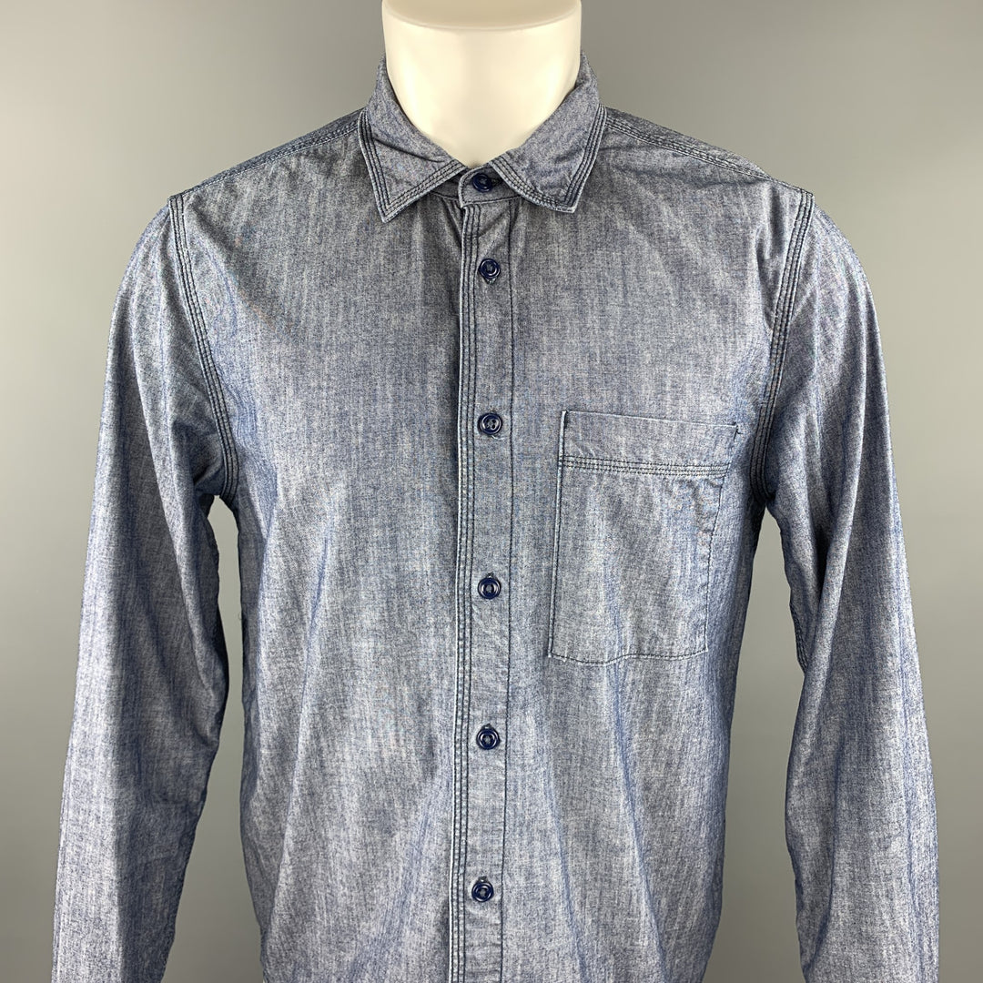 HOME WORK Talla M Camisa de manga larga con botones de algodón con puntadas en contraste azul