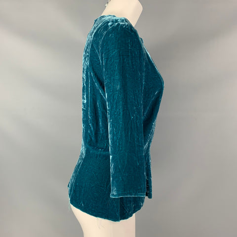 HAZEL BROWN Size 2 Blue Silk & Velvet 3/4 Sleeve Blouse
