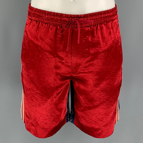 GUCCI Size XS Red Blue Stripe Viscose Horsebit Graphic Drawstring Shorts