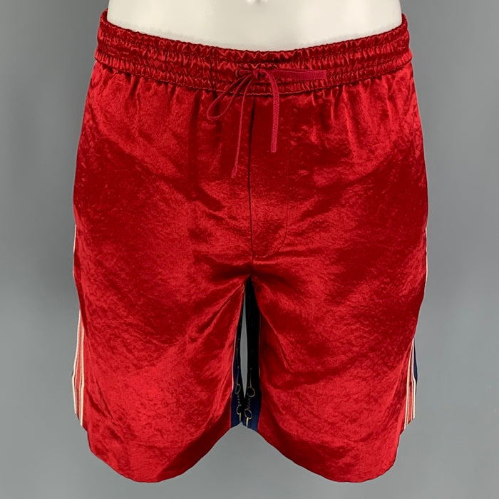 GUCCI Size XS Red Blue Stripe Viscose Horsebit Graphic Drawstring Shorts