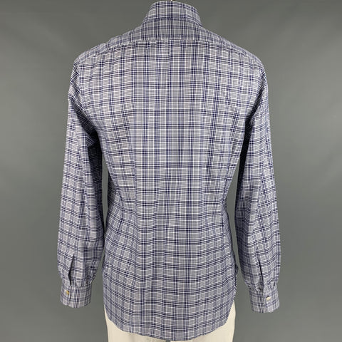 KITON Size XL Navy White Glenplaid Cotton Long Sleeve Shirt