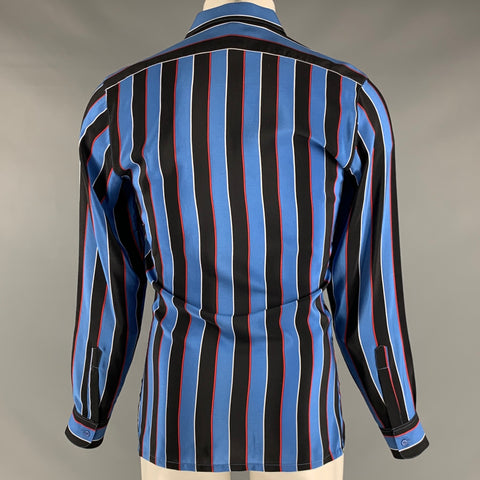BOCCI Size M Blue Black Stripe Silk Hidden Placket Long Sleeve Shirt