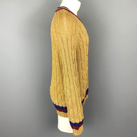 GUCCI Size XL Gold Metallic Fiber Blend Cable Knit V-Neck Sweater