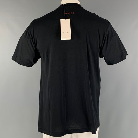 GUCCI Size S Black Gold Embroidery Cotton Crew-Neck T-shirt