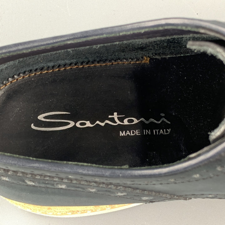 SANTONI Size 8 Navy Perforated Leather Wingtip Lace Up