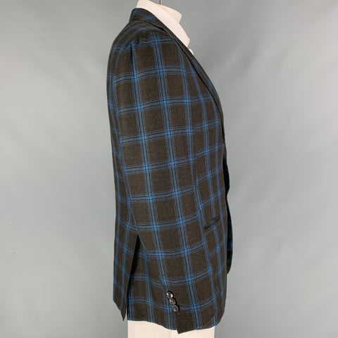 KITON Size 44 Brown Blue Plaid Cashmere Notch Lapel Sport Coat