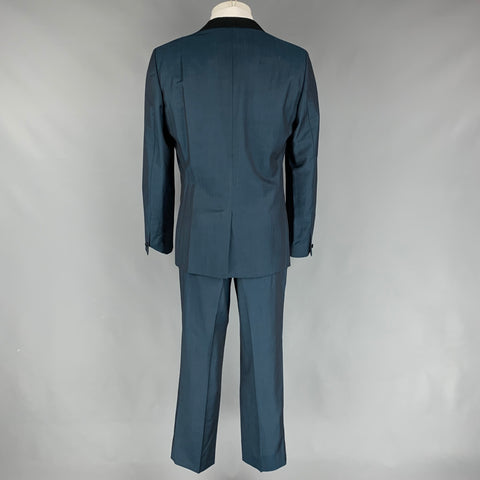 TED BAKER Size 42 Teal Black Wool / Mohair Shawl Collar Suit