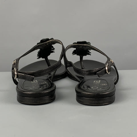 CHANEL Size 7.5 Black Leather Flower Applique Flat Sandals