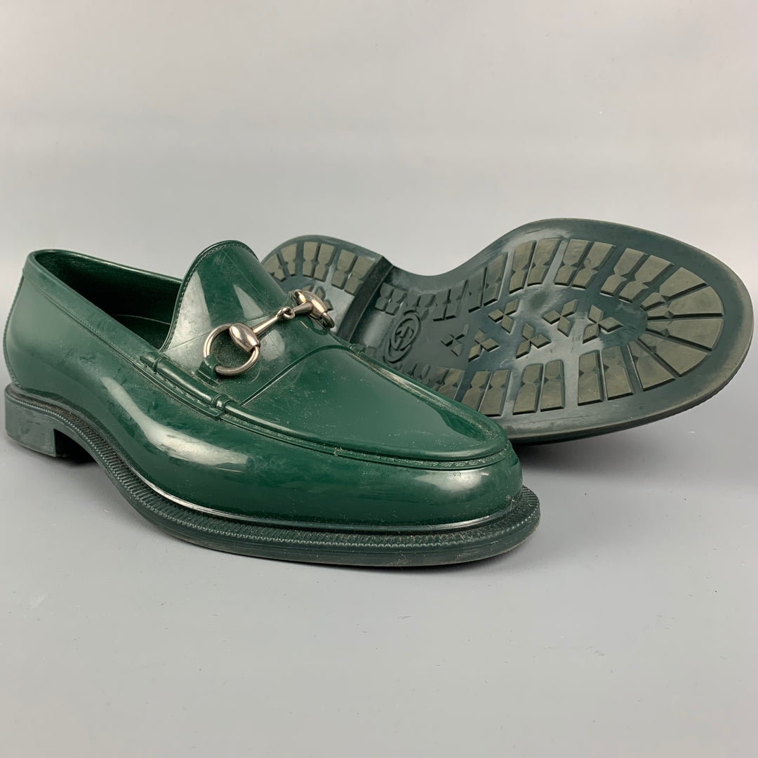 GUCCI Size 8 Green Rubber Horsebit Slip On Loafers