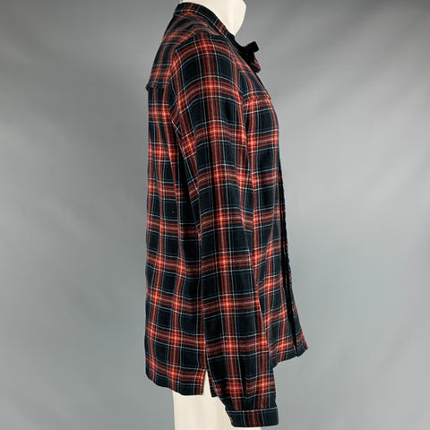 GUCCI Size M Black Red Blue Plaid Cotton Bow Long Sleeve Shirt