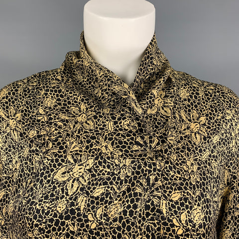 ANNE KLEIN Talla 6 Blusa de manga larga floral abstracta de seda negra