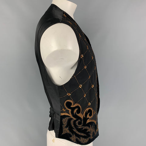 Vintage BYBLOS Size 42 Black Gold Embroidery Wool Buttoned Vest