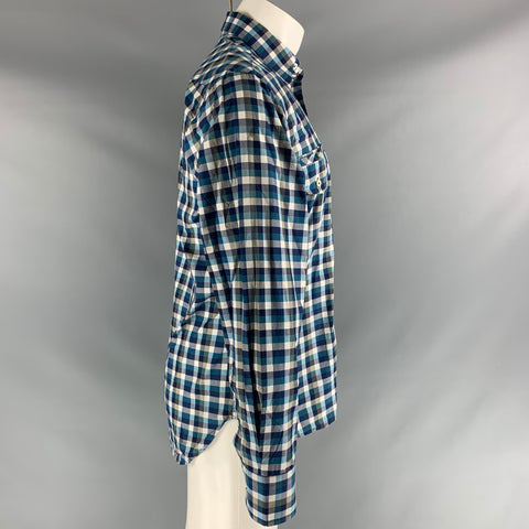 BILLY REID Size S Teal Blue & White Checkered Cotton Button Down Long Sleeve Shirt