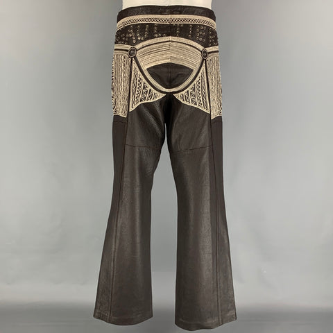 JEAN PAUL GAULTIER 2000 Size 34 Brown White Embroiderey Studed Leather Pants
