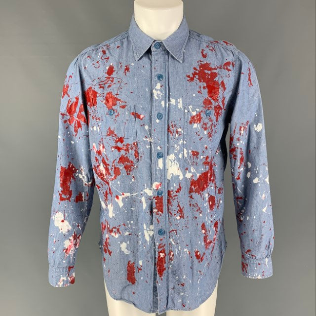NEEDLES Size M Blue Red & White Paint Splattered Cotton Long Sleeve Shirt