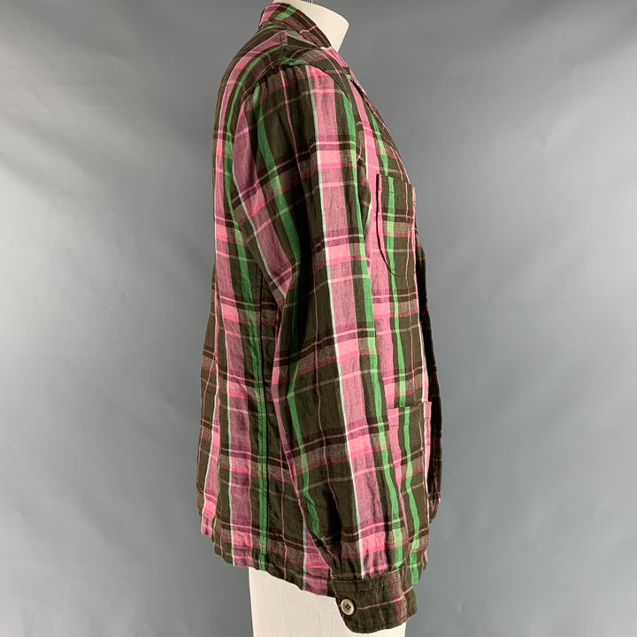 R13 Size L Pink Olive & Brown Plaid Linen Notch Lapel Jacket