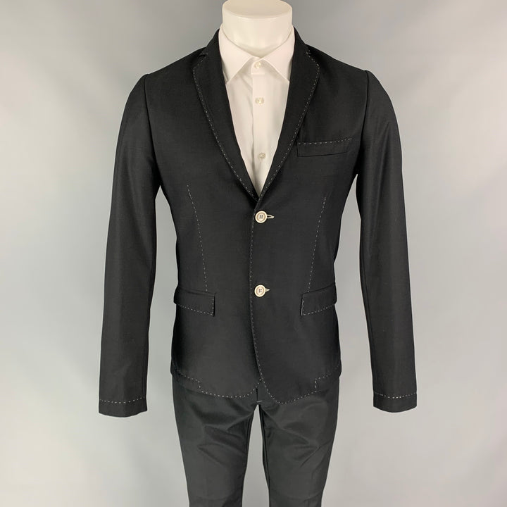 KUSS Size 36 Black Contrast Stitch Polyester / Viscose Notch Lapel Suit