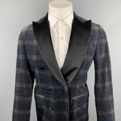 DSQUARED2 Size 40 Grey & Black Plaid Velvet Peak Lapel Double Breasted Sport Coat