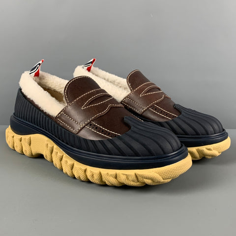 THOM BROWNE Talla 7.5 Zapato de pato mocasín de piel de oveja marrón crema azul marino