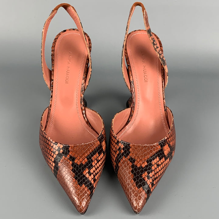 AMINA MUADDI Size 7.5 Brown Snake Skin Leather Embossed Pumps