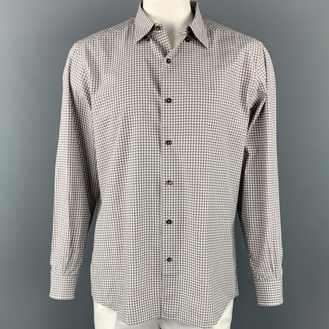 ERMENEGILDO ZEGNA Size XL White & Brown Window Pane Cotton Long Sleeve Shirt