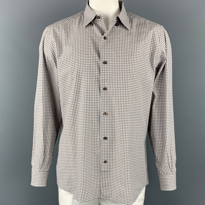 ERMENEGILDO ZEGNA Size XL White & Brown Window Pane Cotton Long Sleeve Shirt