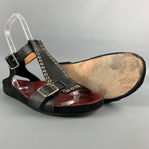 ISABEL MARANT Size 8 Black & Silver Leather Suede T-strap Flats