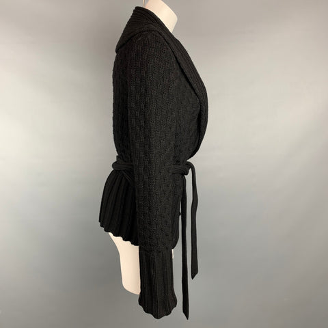 SONIA RYKIEL Size 2 Black Knitted Textured Wool / Cashmere Belted Cardigan