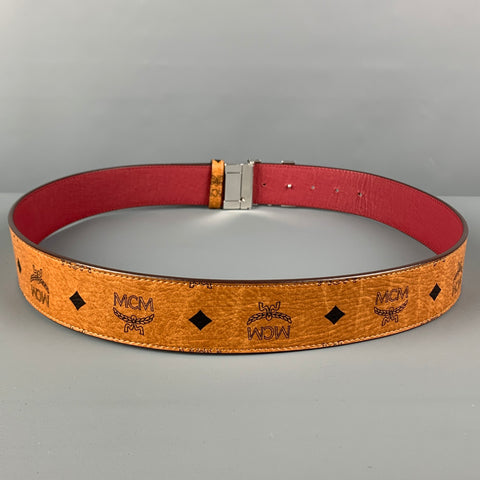 MCM Size L Tan Black Burgundy Monogram Leather Reversible Belt