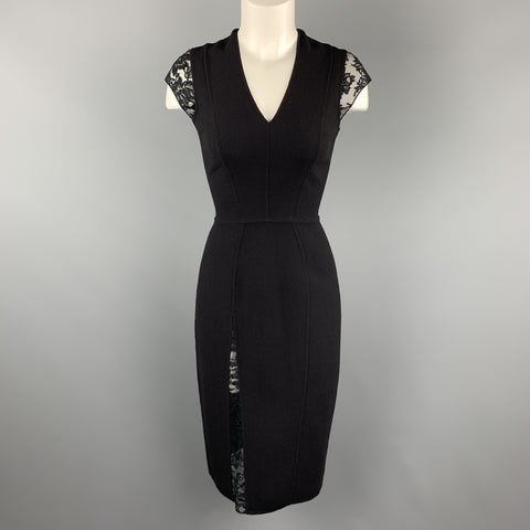REEM ACRA Size 4 Black Wool Lace Panel Sheath Dress