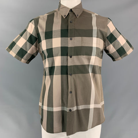 BURBERRY BRIT Size L Olive & Taupe Plaid Cotton Button Down Short Sleeve Shirt