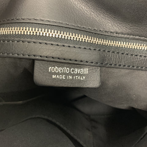 ROBERTO CAVALLI Black Leather Studded Fring Bucket Backpack
