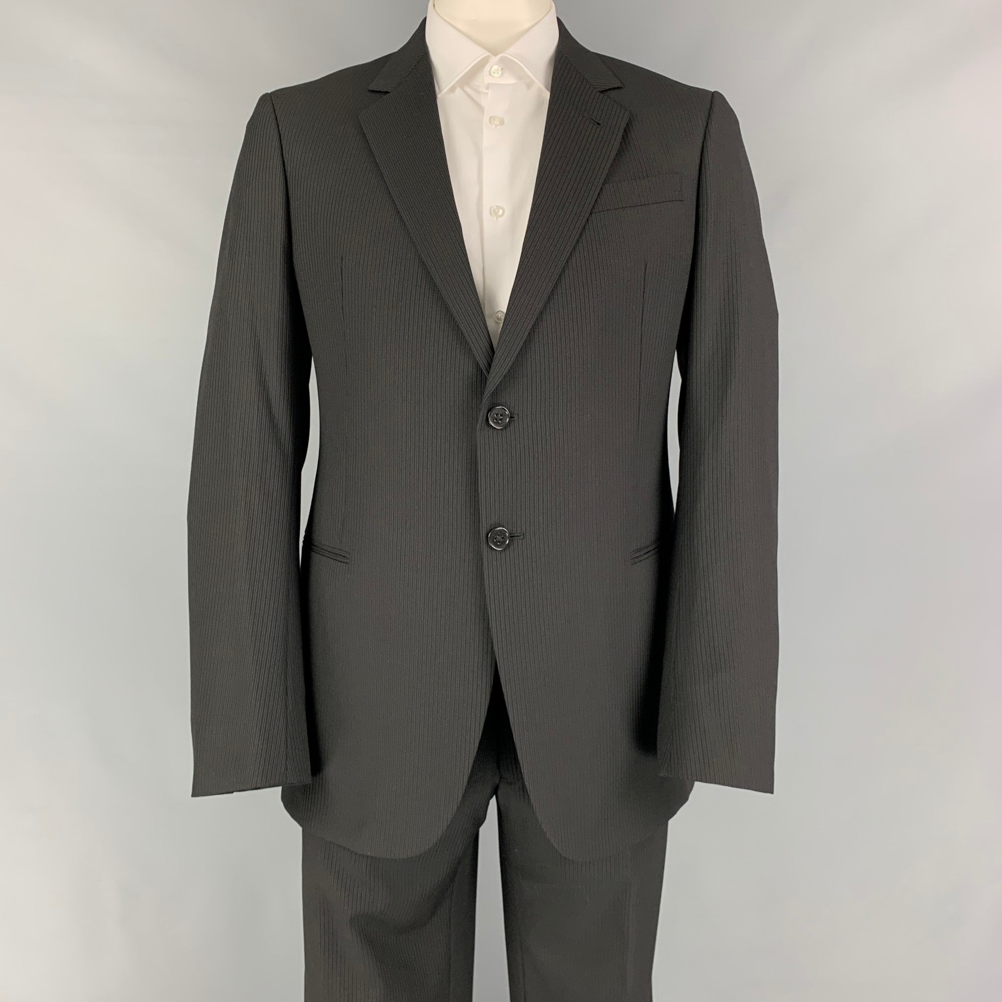 ARMANI COLLEZIONI Size 42 Long Black Pinstripe Wool Notch Lapel