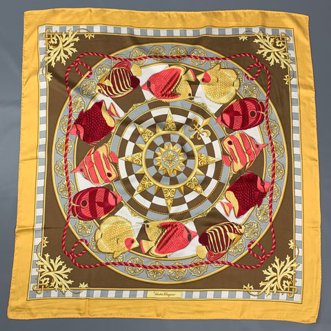 SALVATORE FERRAGAMO Yellow & Red Fish Print Twill Scarf