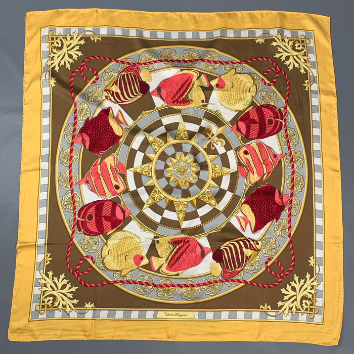 SALVATORE FERRAGAMO Yellow & Red Fish Print Twill Scarf